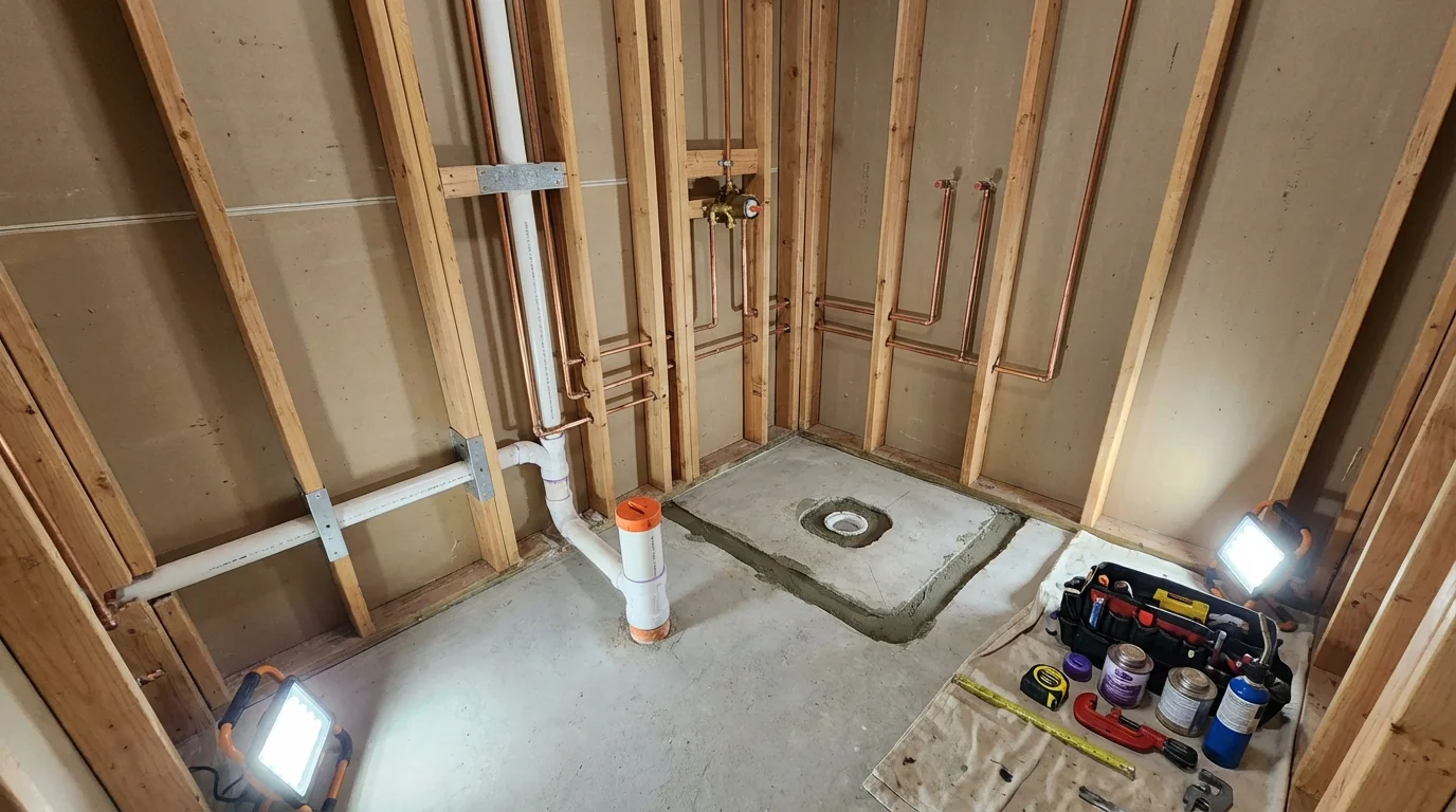 Bathroom rough-in plumbing during remodel by Johns Plumbing LLC in Kansas City