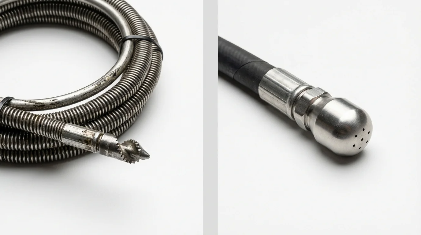 Drain snake cable and hydro jetting nozzle used for drain cleaning in Kansas City, MO