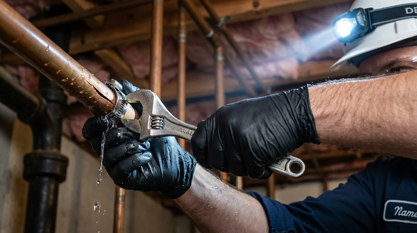 Emergency pipe clamp repair being performed by a Johns Plumbing LLC plumber in Kansas City