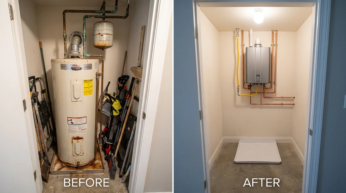 Tank water heater versus wall-mounted tankless unit comparison for Kansas City, MO homeowners