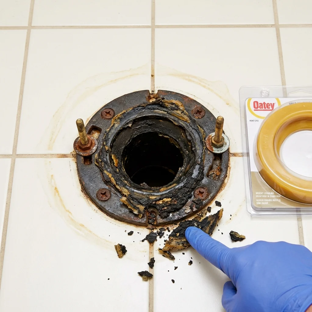 Failed wax ring showing water seepage at the base of a toilet in a Kansas City, MO home