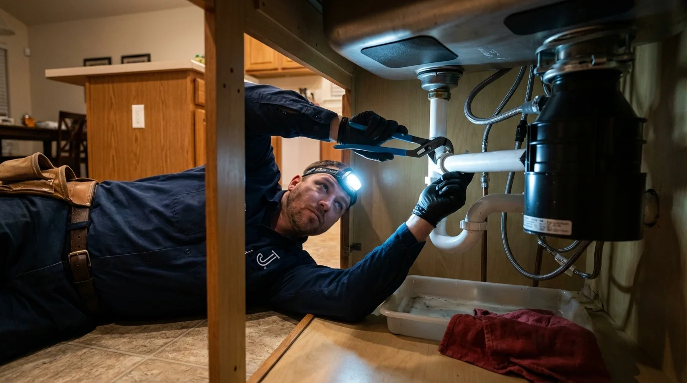 P-trap and supply line connections under a kitchen sink showing a common leak point in Kansas City, MO